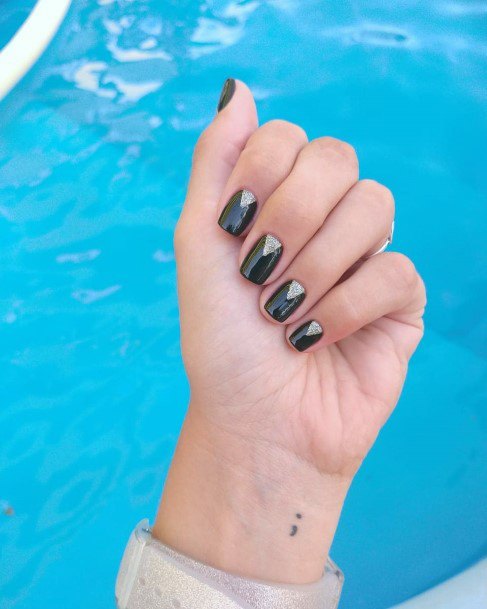 Glossy Black Silver Glitter Triangle Nails Ideas For Women