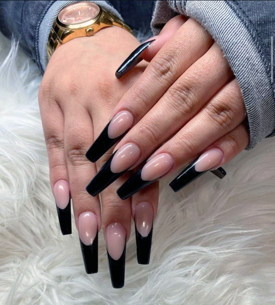 Glossy Black Tipped Nails Women