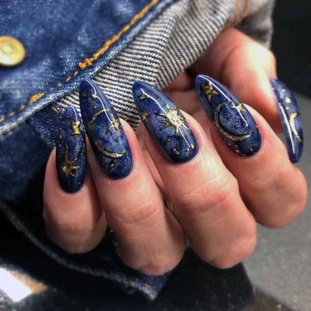 Glossy Blue And Metallic Moon Art Nail Women