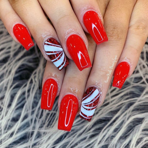 Glossy Bright Red Nails With Accent For Women