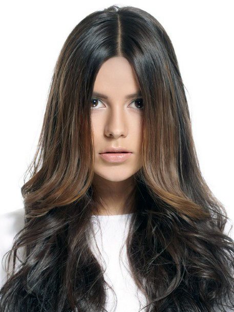 Glossy Chocolate Brown Wavy Center Part Hairstyle Women