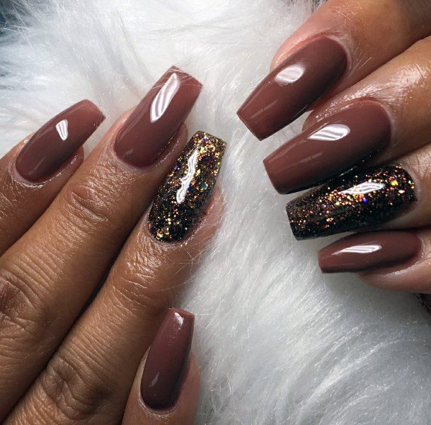 Glossy Cocoa Nails With Glitter Women