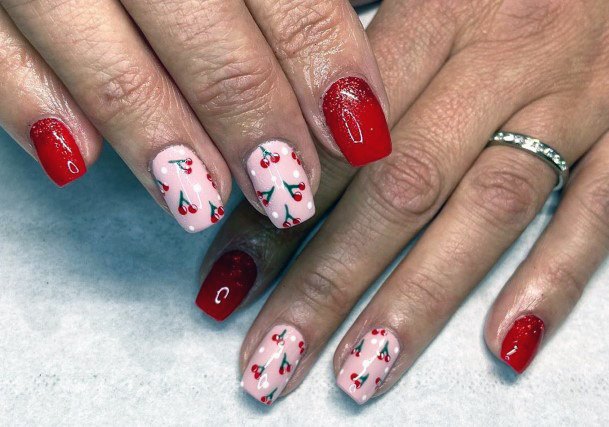 Glossy Cute Cherries On Nails Women