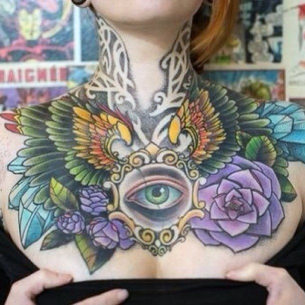 Glossy Green Eye Wonderful Chest Tattoo For Women