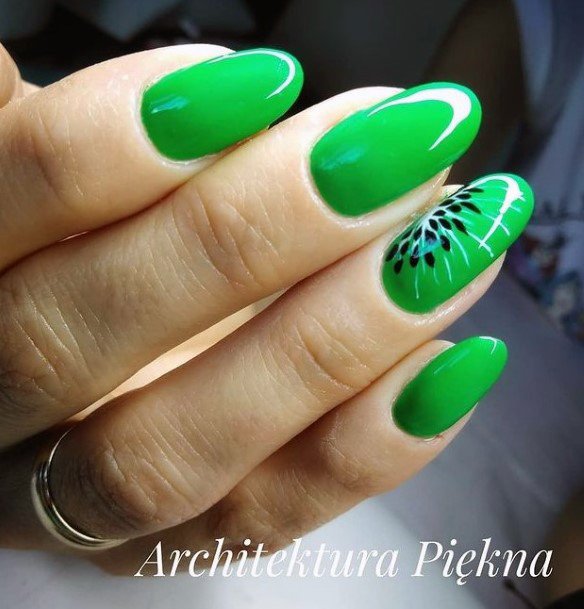 Glossy Green Kiwi Nails Women