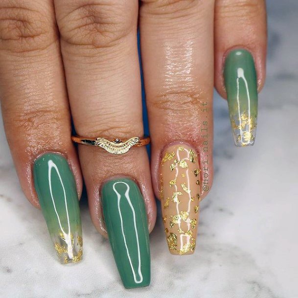 Glossy Green Nails With Golden Creeper Design For Women