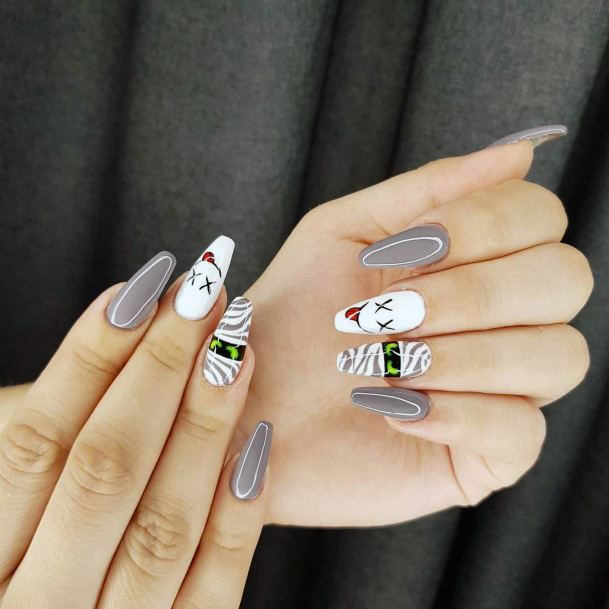 Glossy Grey Nails With Cute Art Women