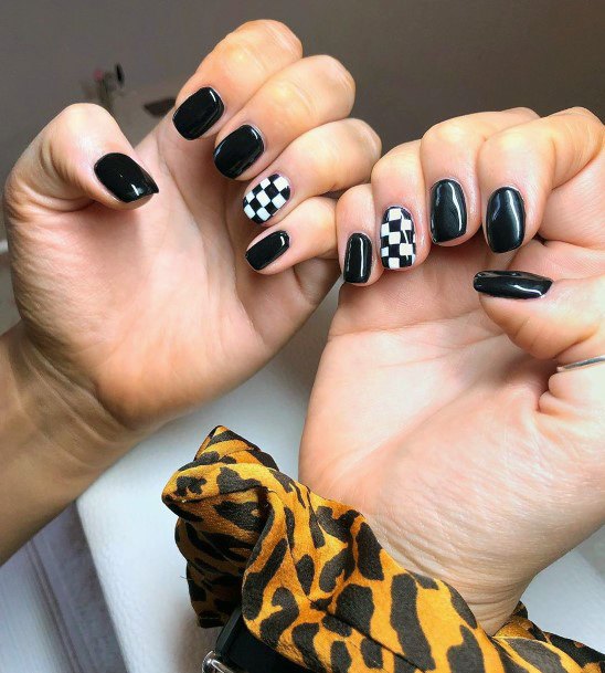 Glossy Lead Black Checkered Nails Women