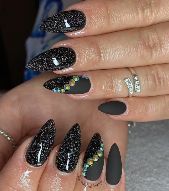 Glossy Matte Black And Sparkly Nail Design Ideas Pretty Gems For Ladies