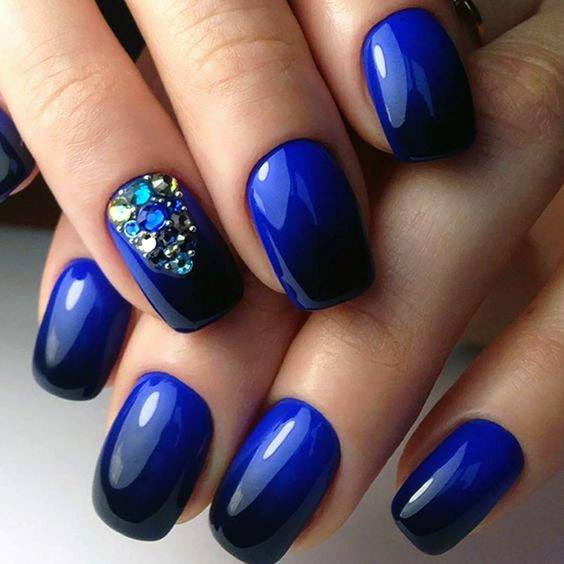 Glossy Midnight Blue Nails With Crystals Women