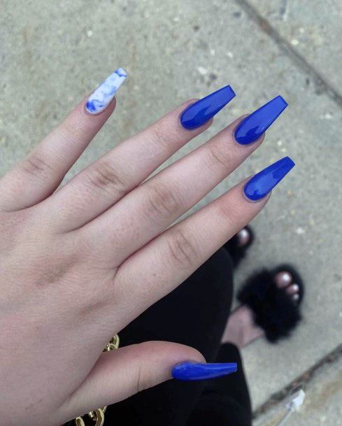 Glossy Navy Blue And Mono White Block Painted Nails For Women