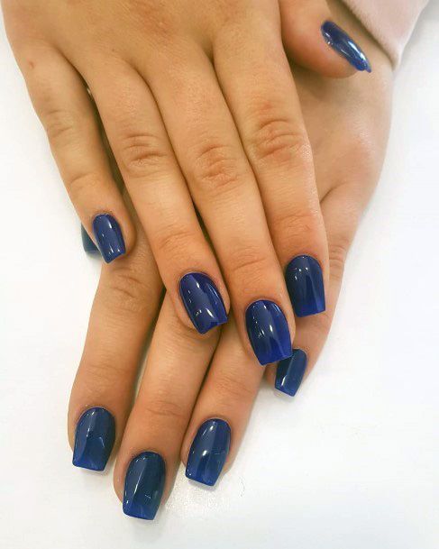 Glossy Navy Blue Polished Square Nails