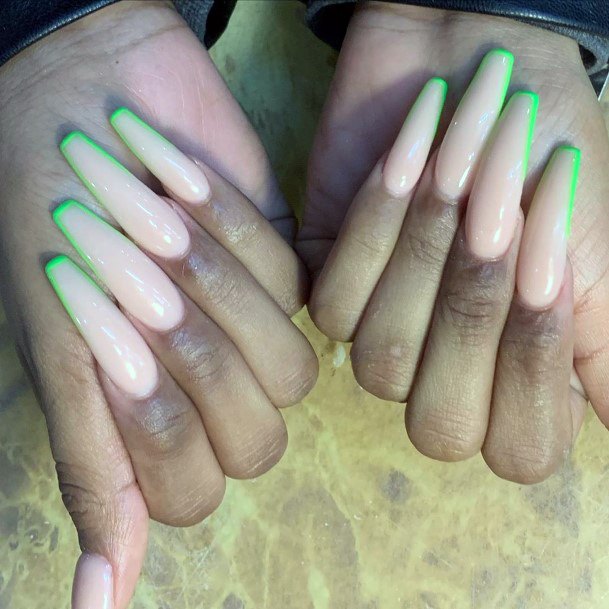 Glossy Nude Nails With A Tinge Of Lime Green