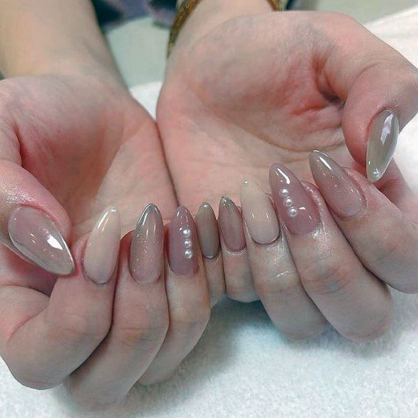 Glossy Nude Nails With Pearl For Women