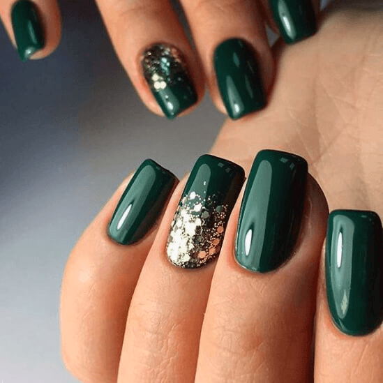 Glossy Olive Nails With Sparkle Women