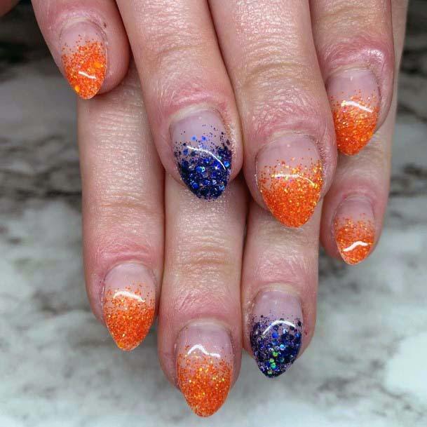 Glossy Orange And Blue Tipped Nails For Women