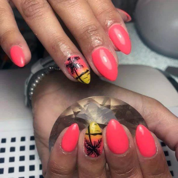 Glossy Palm Tree Nail Ideas For Ladies Bright Pink