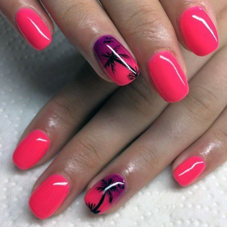 Glossy Palm Tree Nails For Girls Bright Sleek Pink Inspiration