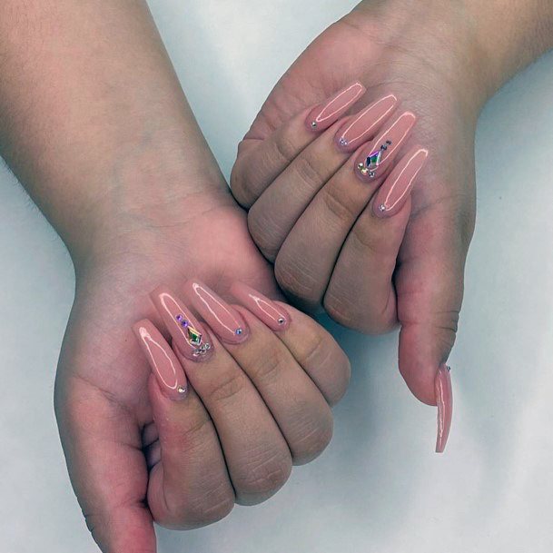 Glossy Peach Long Nails With Bling For Women