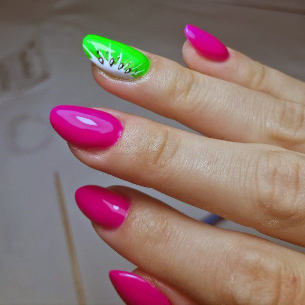 Glossy Pink And Kiwi Nail Accent Women