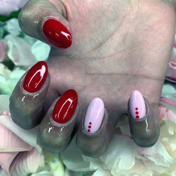 Glossy Red And Pink Dotted Nails For Women