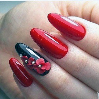 Glossy Red Black Nails With 3D Flowers