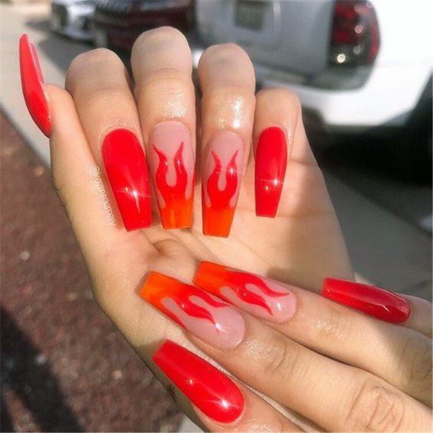 Glowing Fiery Red Nails For Women