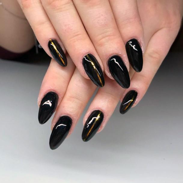 Glowing Gold Line On Stunning Black Nails For Women