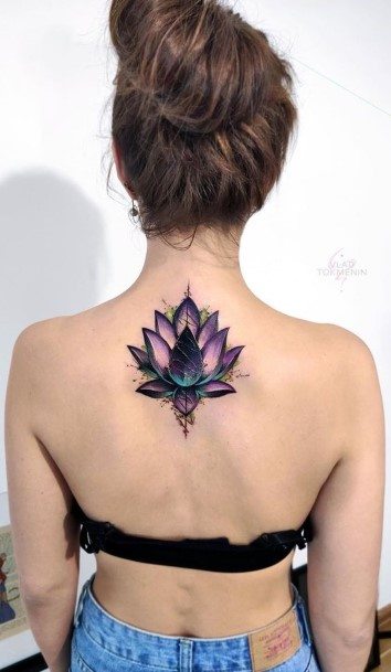 Glowing Lotus Purple Tattoo Womens Back