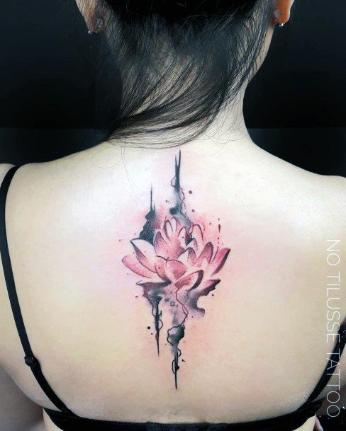 Glowing Pink Lotus Tattoo Womens Back