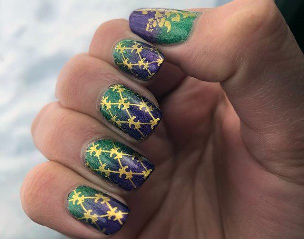 Gold Art On Green Blue Nails Women