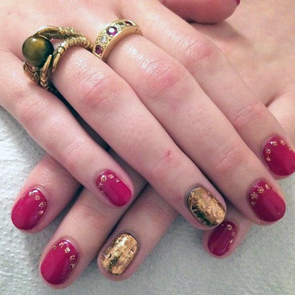 Gold Decorated Red Nails Women