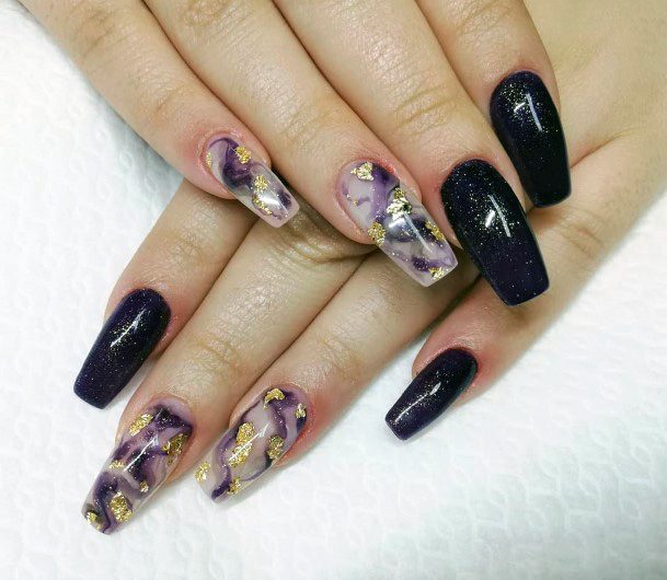 Gold Foils Dark Purple Nails Women