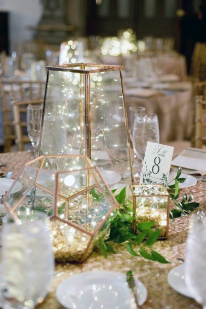 Gold Geometric Jars With Fairy Lights Inspiration Wedding Centerpiece Ideas