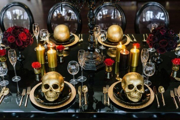 Gold Skull Pitch Black Table Black Candles Blood Red Roses Halloween Wedding Reception Table Inspiration