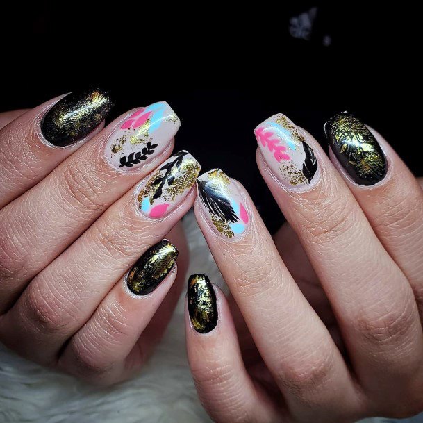 Golden And Black Tropical Nails Women