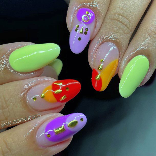 Golden Art On Colorful Nail Ideas For Women