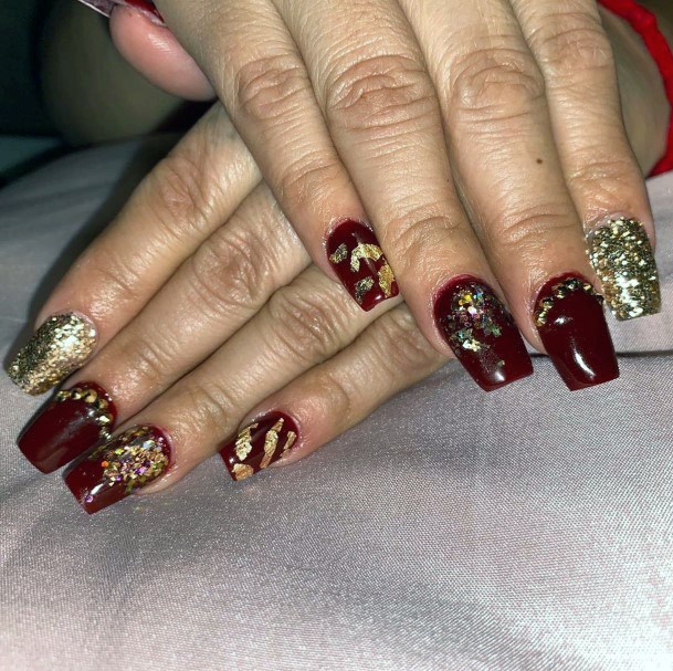 Golden Art On Red Nails Women