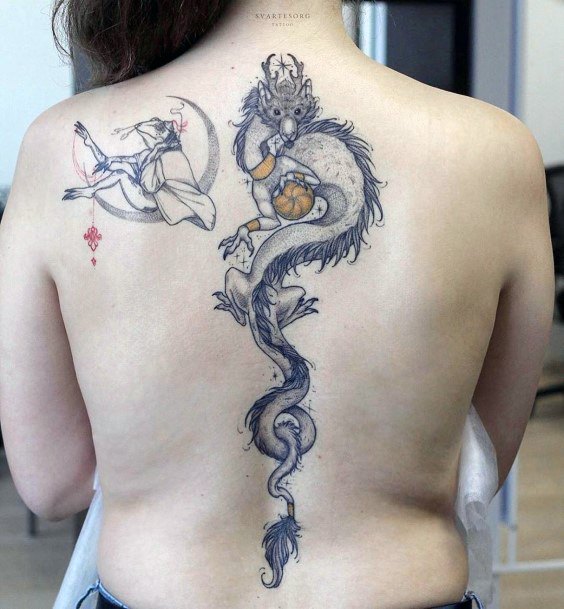 Golden Balled Dragon Tattoo Womens Back