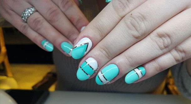 Golden Bands On Mint Nails For Women