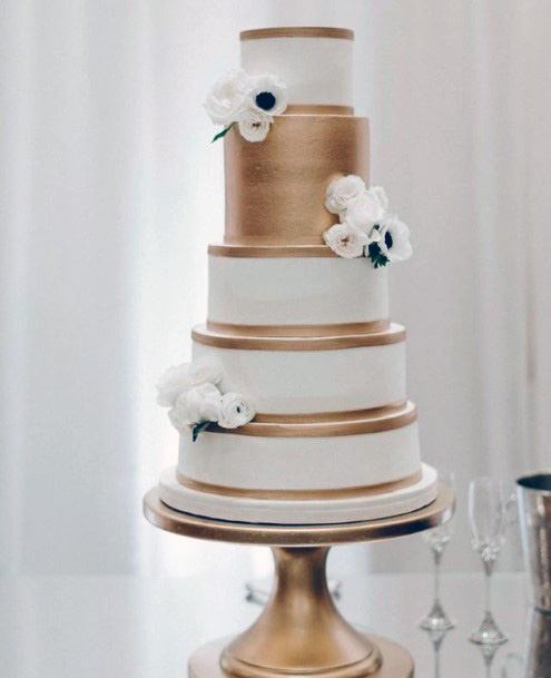 Golden Bands White Wedding Cake