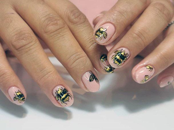 Golden Bee Insect On Transparent Nails Women