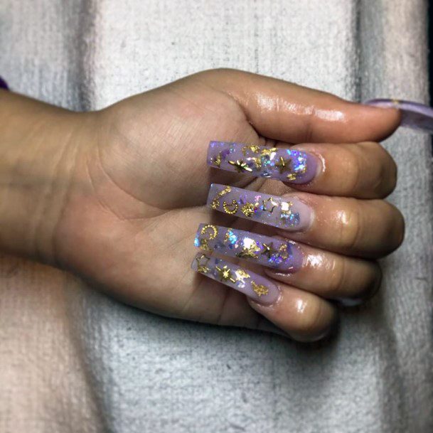 Golden Butterflies And Stars Art On Long Nails Women