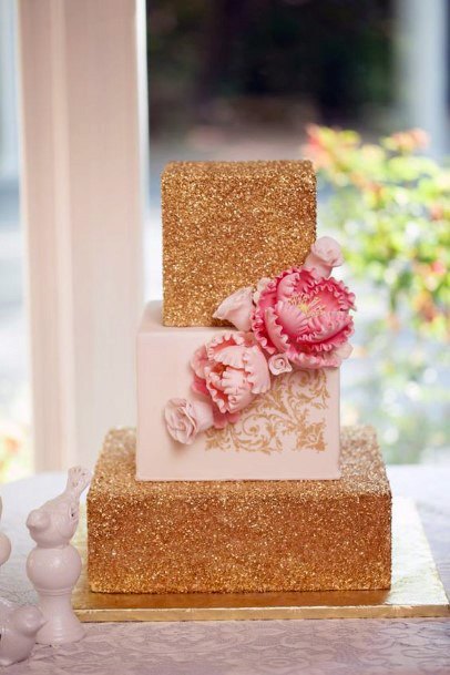 Golden Cube Wedding Cake With Pink Rose