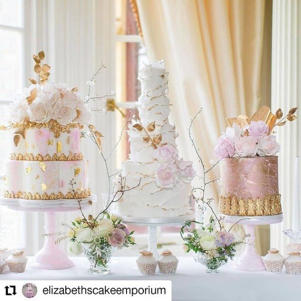 Golden Decorated Pink And White Beautiful White Cake