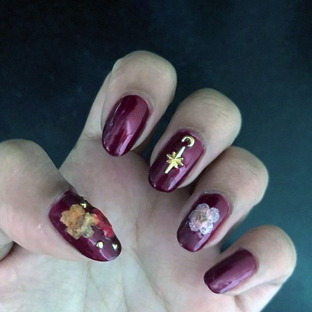 Golden Florals On Red Nails Women