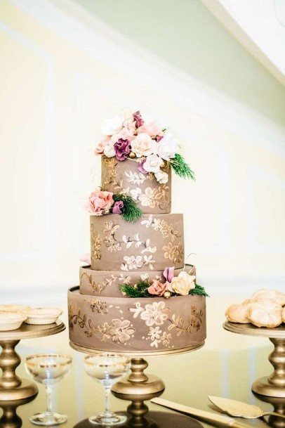 Golden Flower Art On Chocolate Wedding Cake