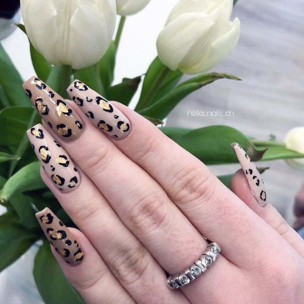 Golden Foil Leopard Nails Women