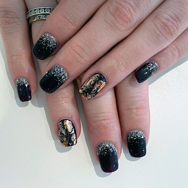 Golden Foil On Dark Squoval Nails