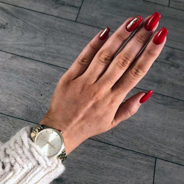 Golden Foil On Red Nails Women